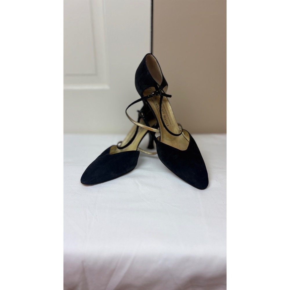 Vintage Bruno Magli Black Suede T-Strap Heels Made in Italy Womens 8.5 B